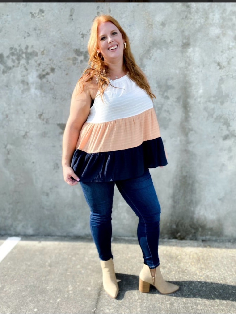 Tiered Colorblock Sleeveless Tank Top - White, Peach & Navy